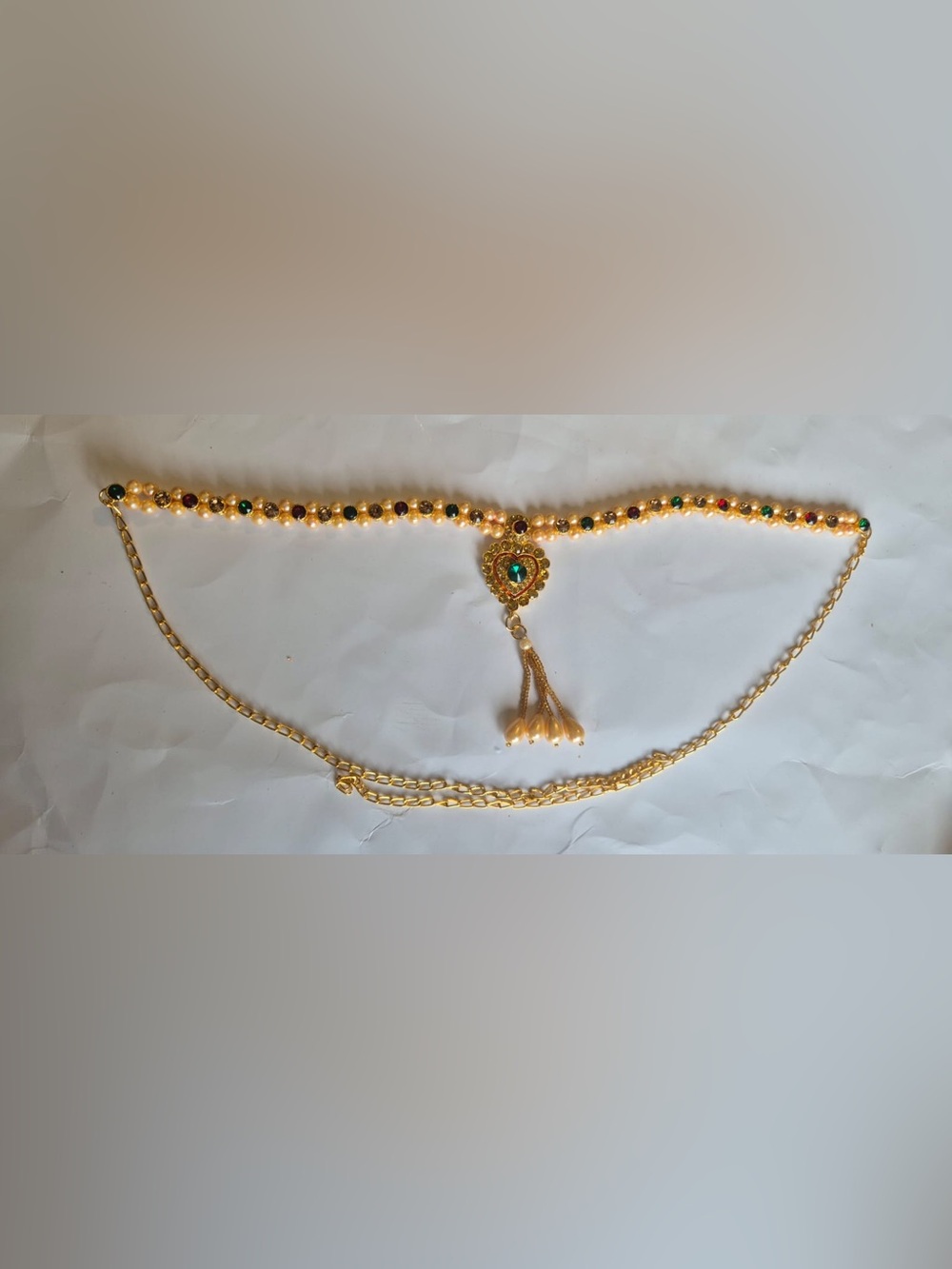 Gold-Tone Green & Red Beaded Waist Chain with Tassel Pendant